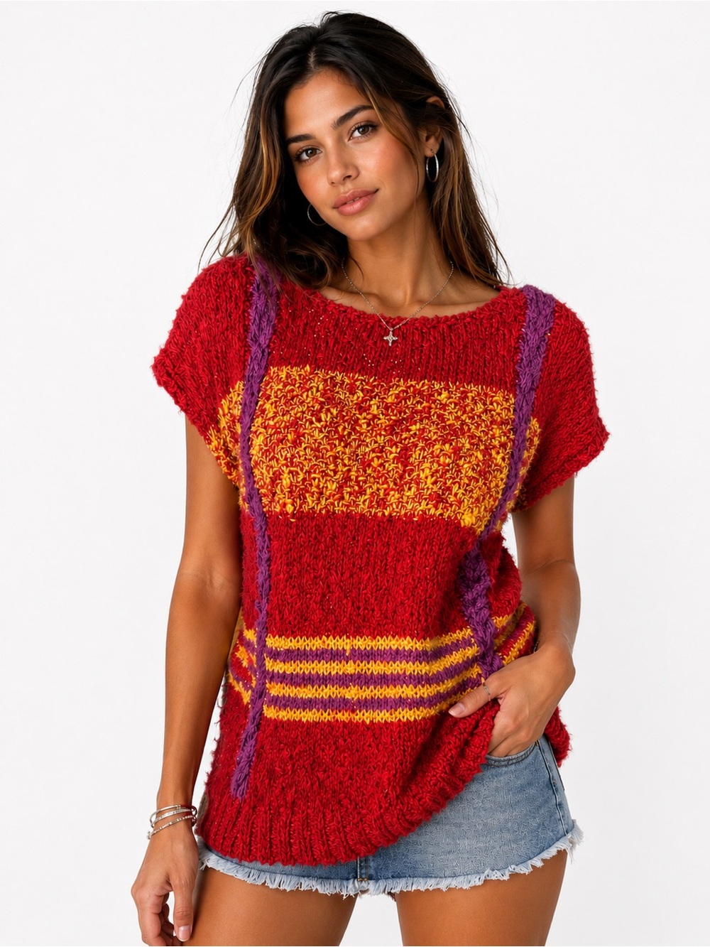 Red Colorblock Knit Short-Sleeve Top with Yellow and Purple Details